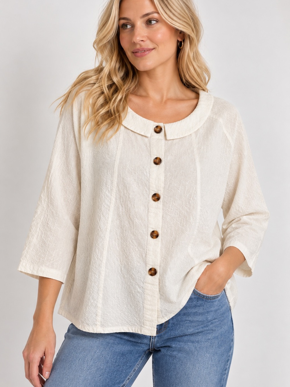 MISSLOOK Ivory Textured Cotton Blend Blouse M 7/8 Sleeve Button Front 3XL